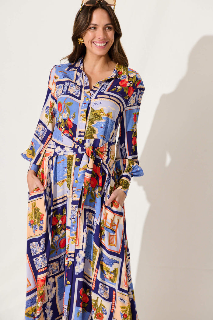 Ciao Bella Maxi Shirt Dress In Blue Multi Postcard Print - front
