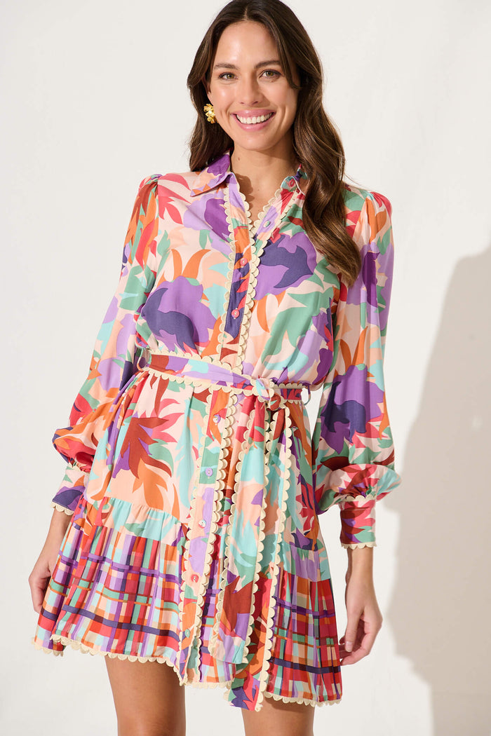 Cali Shirt Dress In Bright Multi Floral - front