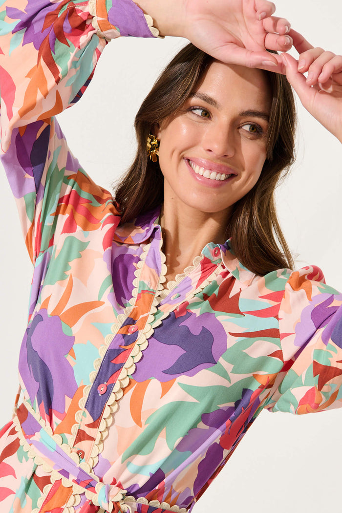 Cali Shirt Dress In Bright Multi Floral - detail