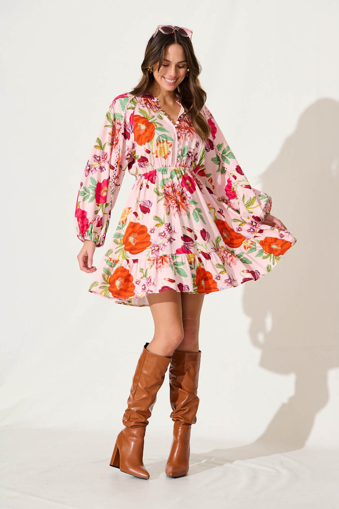 Giardino Dress In Pink And Bright Floral Linen Blend - full length