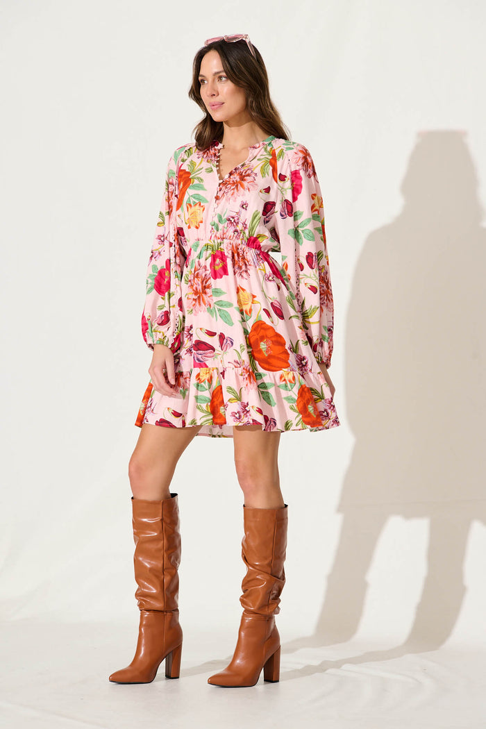 Giardino Dress In Pink And Bright Floral Linen Blend - side