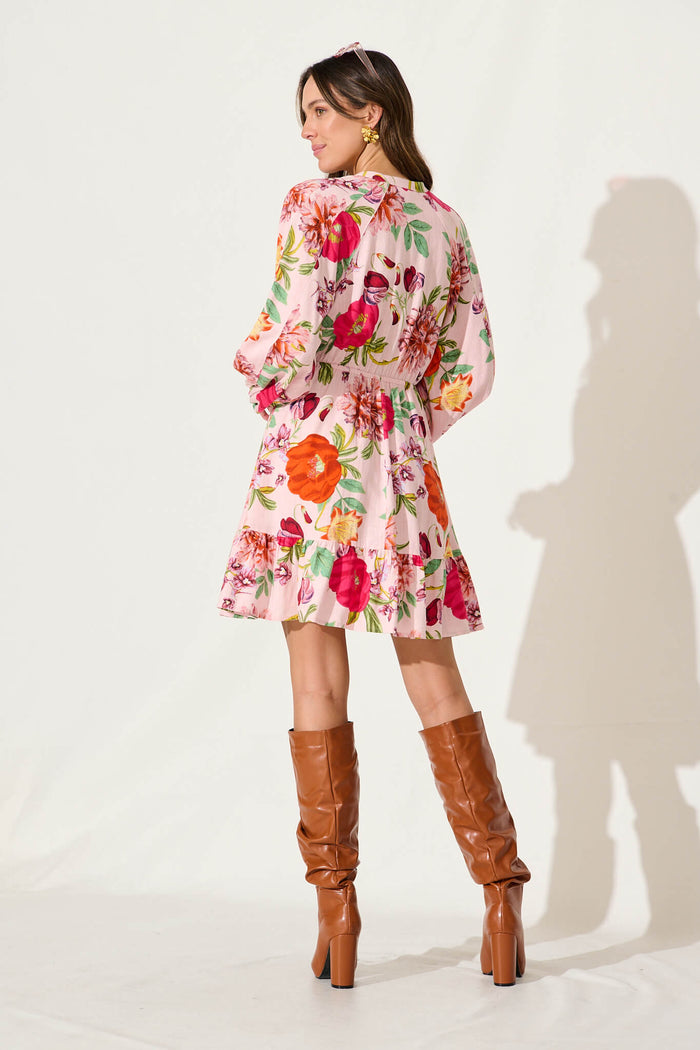 Giardino Dress In Pink And Bright Floral Linen Blend - back