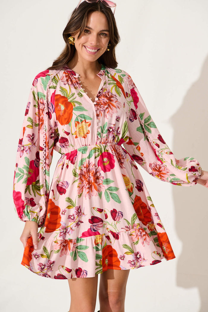 Giardino Dress In Pink And Bright Floral Linen Blend - front