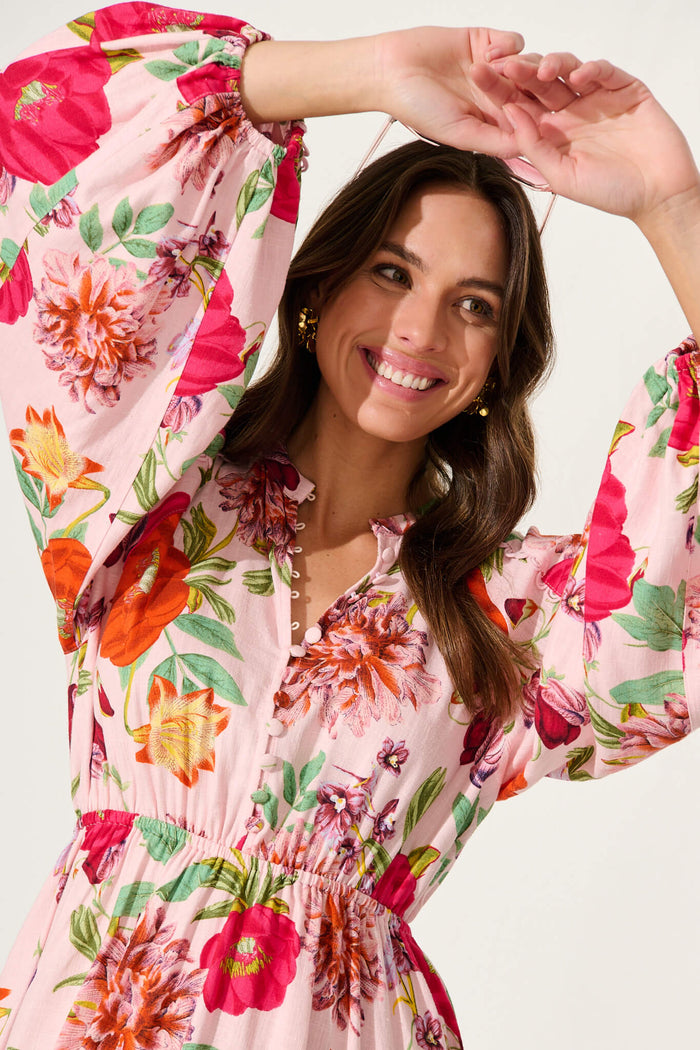 Giardino Dress In Pink And Bright Floral Linen Blend - detail