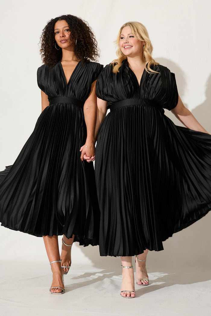 pleated dress australia Anetta Midi Dress In Pleated Black Satin