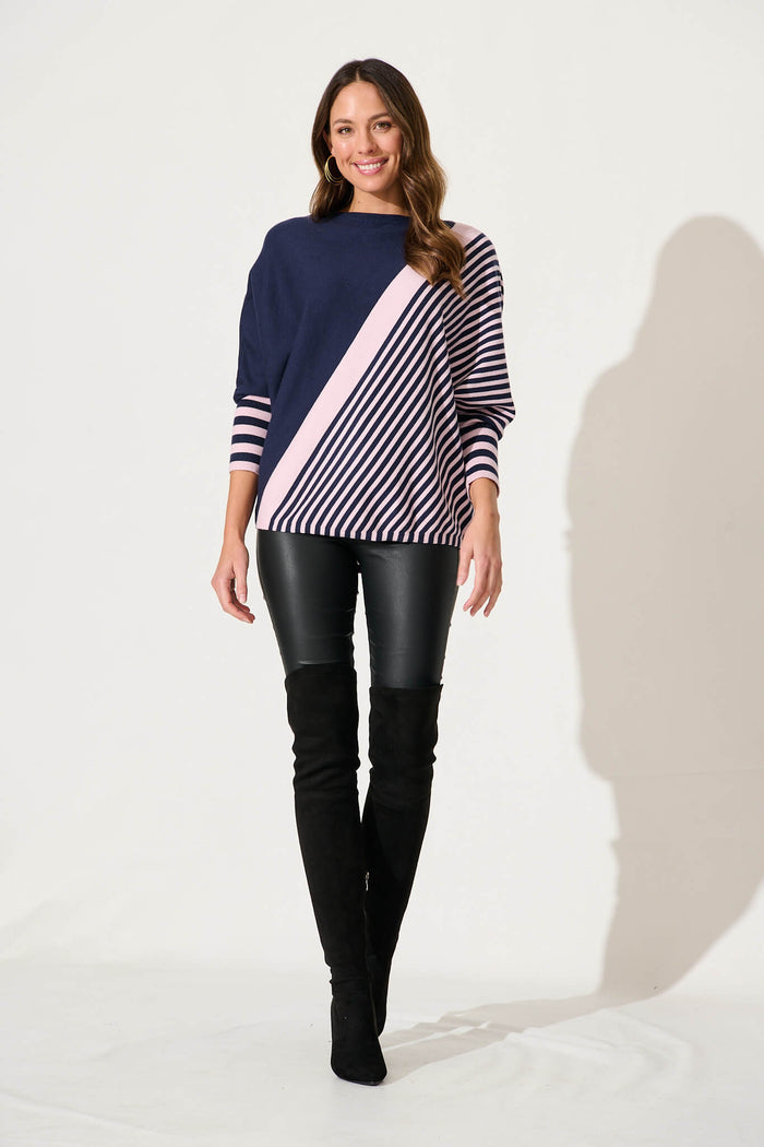 Orphelia Knit In Navy With Pink Stripe - full length