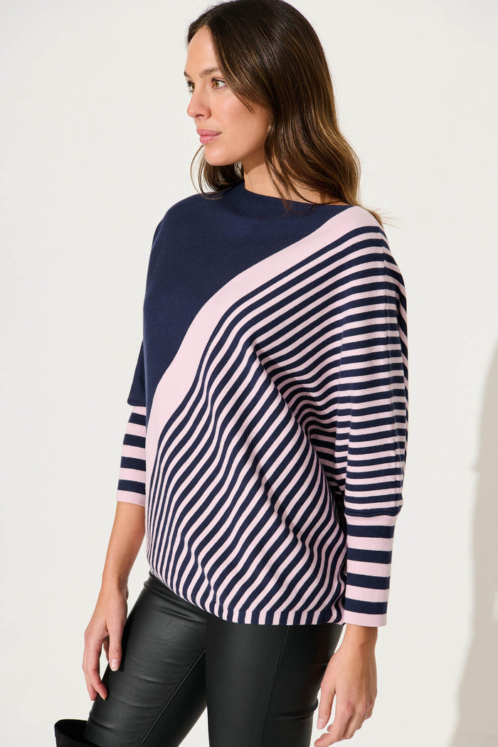 Orphelia Knit In Navy With Pink Stripe - side