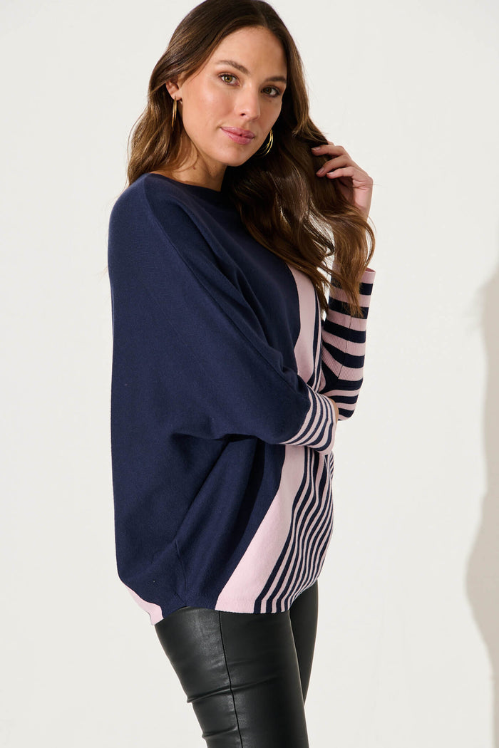 Orphelia Knit In Navy With Pink Stripe - side