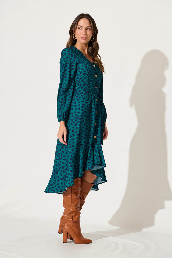Mabo Midi Dress In Teal With Navy Leaf - side