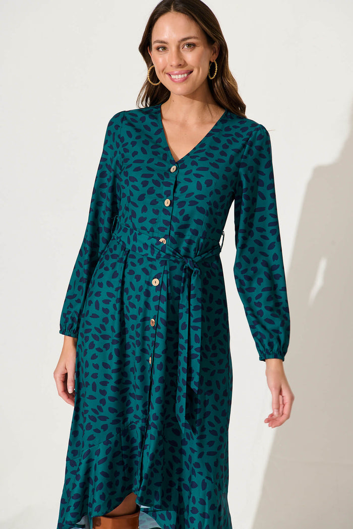 Mabo Midi Dress In Teal With Navy Leaf - front