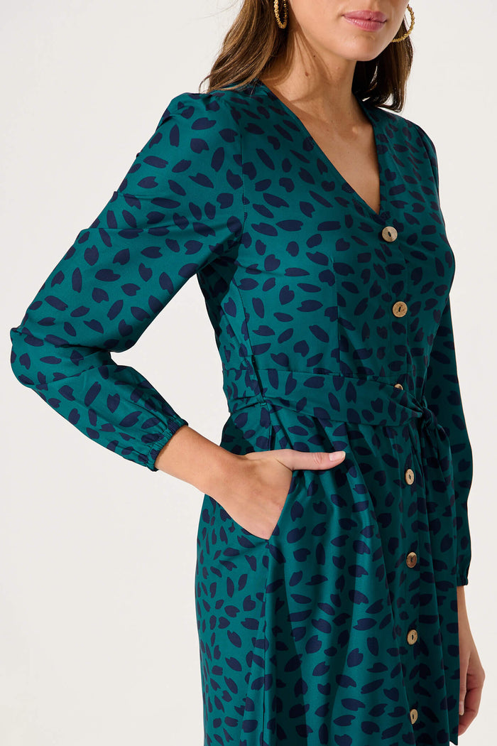 Mabo Midi Dress In Teal With Navy Leaf - detail