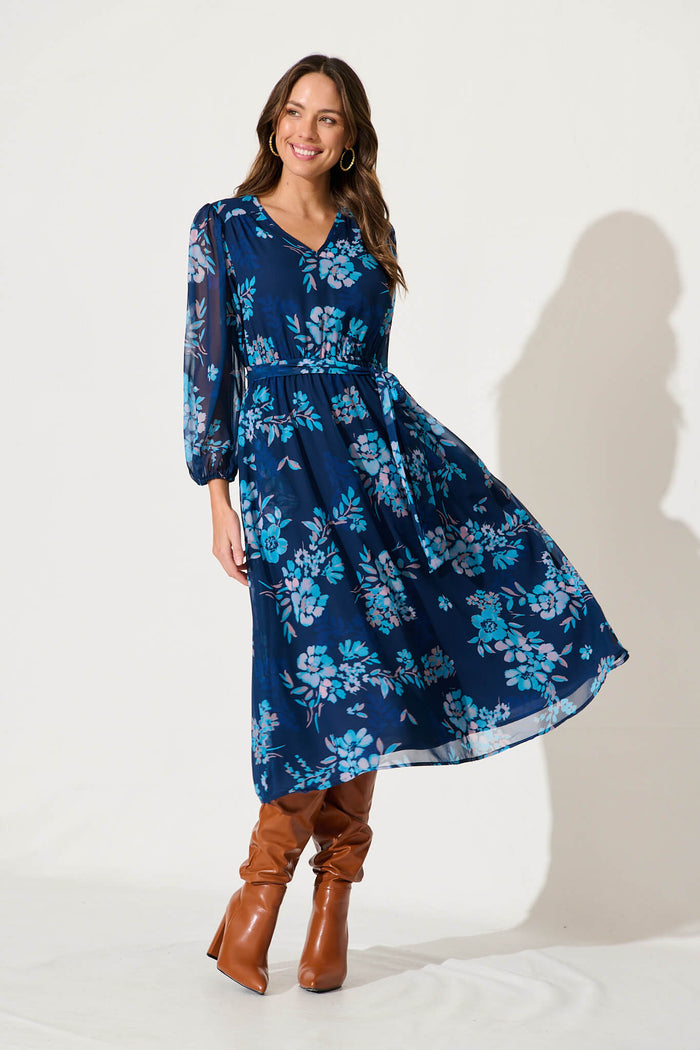 Dahlias Midi Dress In Navy With Blue Floral Chiffon - full length