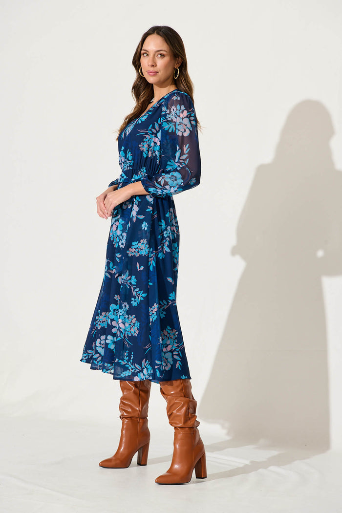 Dahlias Midi Dress In Navy With Blue Floral Chiffon - side