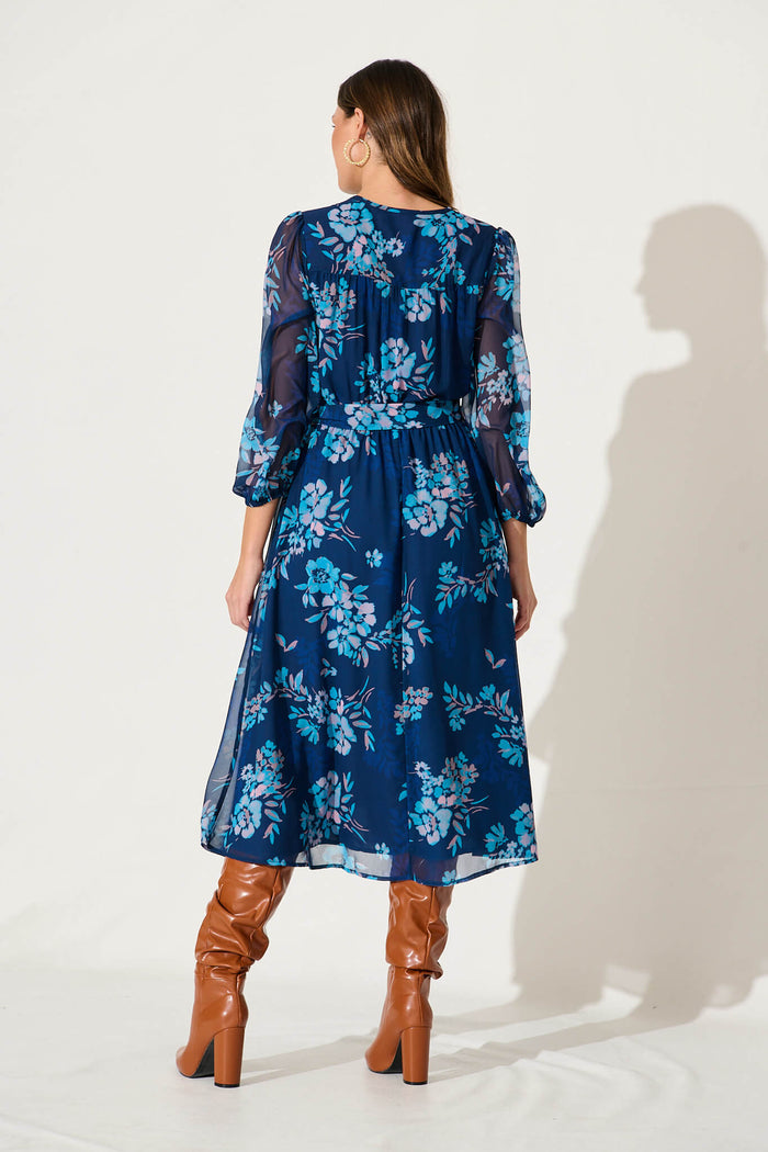 Dahlias Midi Dress In Navy With Blue Floral Chiffon - back