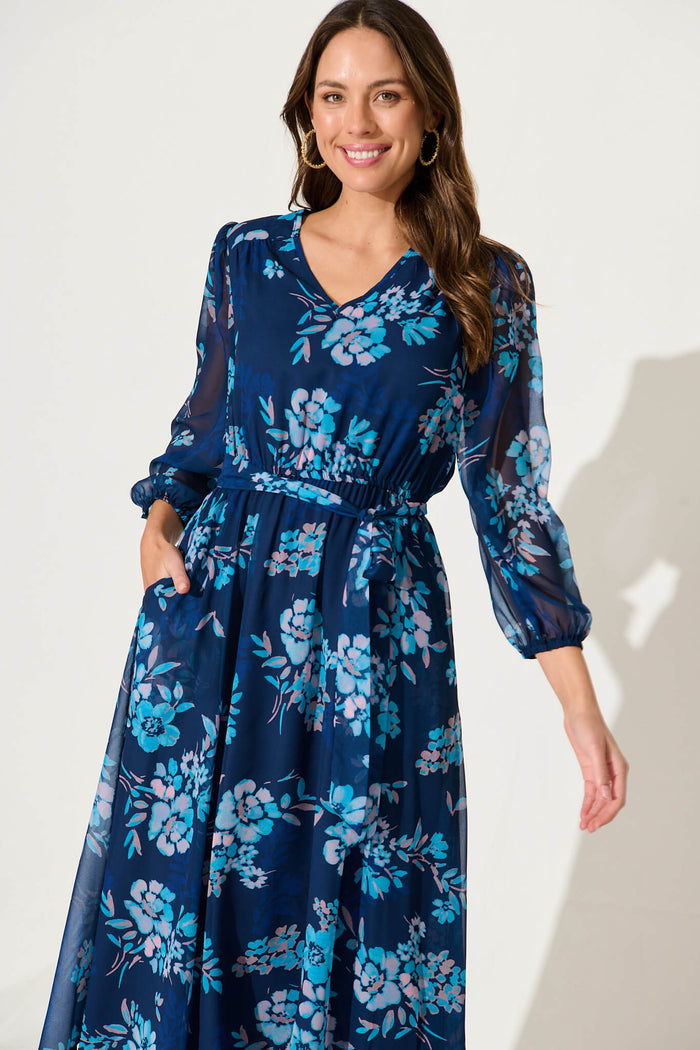 Dahlias Midi Dress In Navy With Blue Floral Chiffon - front