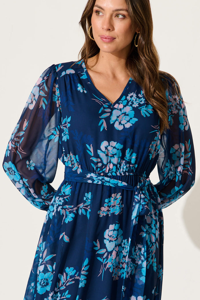 Dahlias Midi Dress In Navy With Blue Floral Chiffon - detail