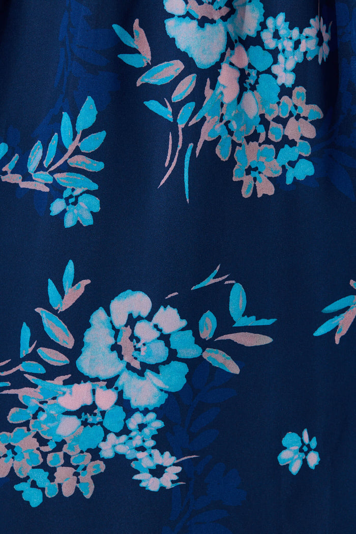 Dahlias Midi Dress In Navy With Blue Floral Chiffon - fabric