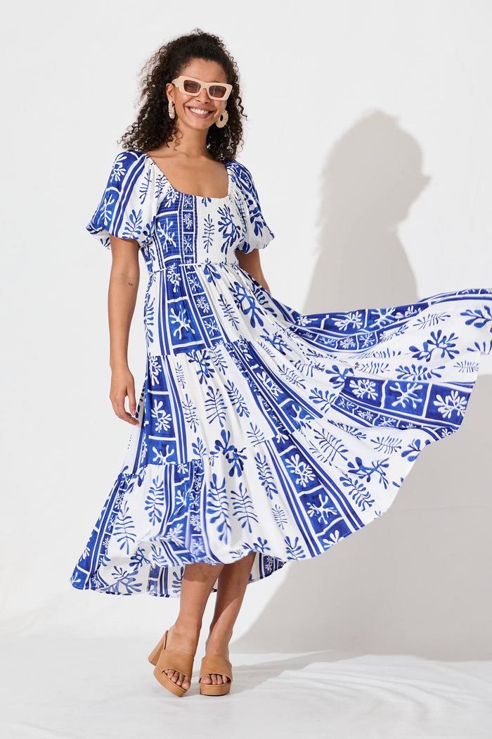 Butterfly Midi Dress In Cobalt With White Print - side