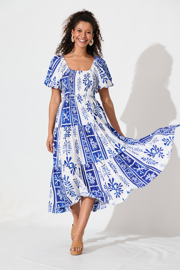 Butterfly Midi Dress In Cobalt With White Print - full length