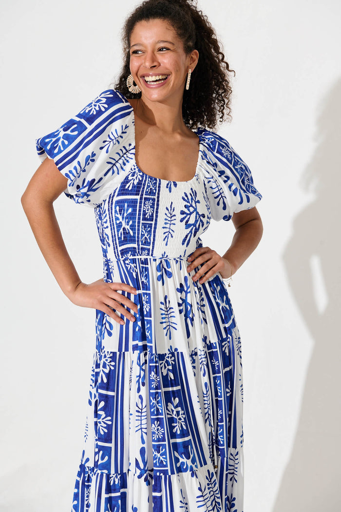 Butterfly Midi Dress In Cobalt With White Print - front