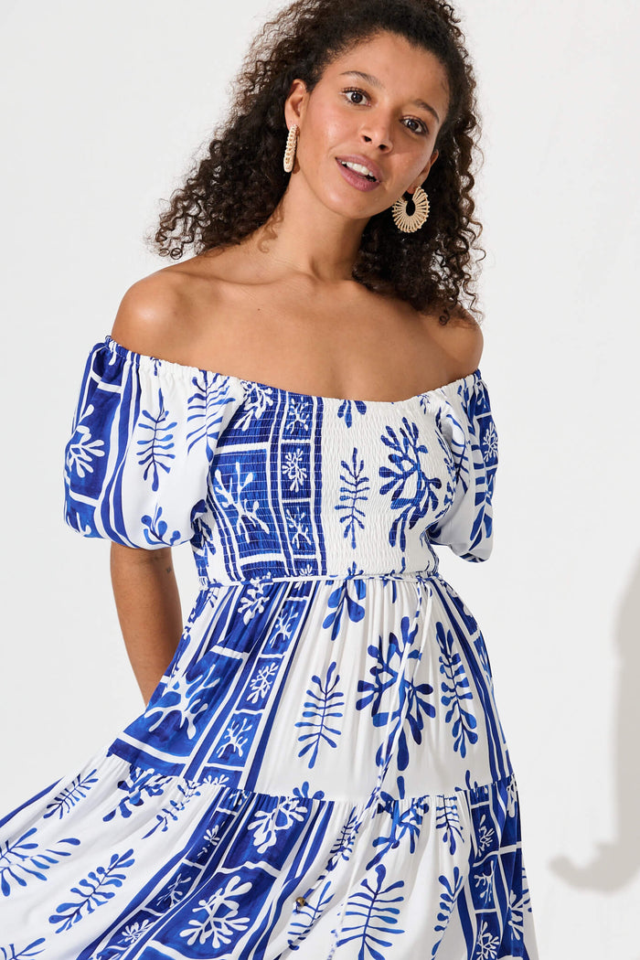 Butterfly Midi Dress In Cobalt With White Print - detail