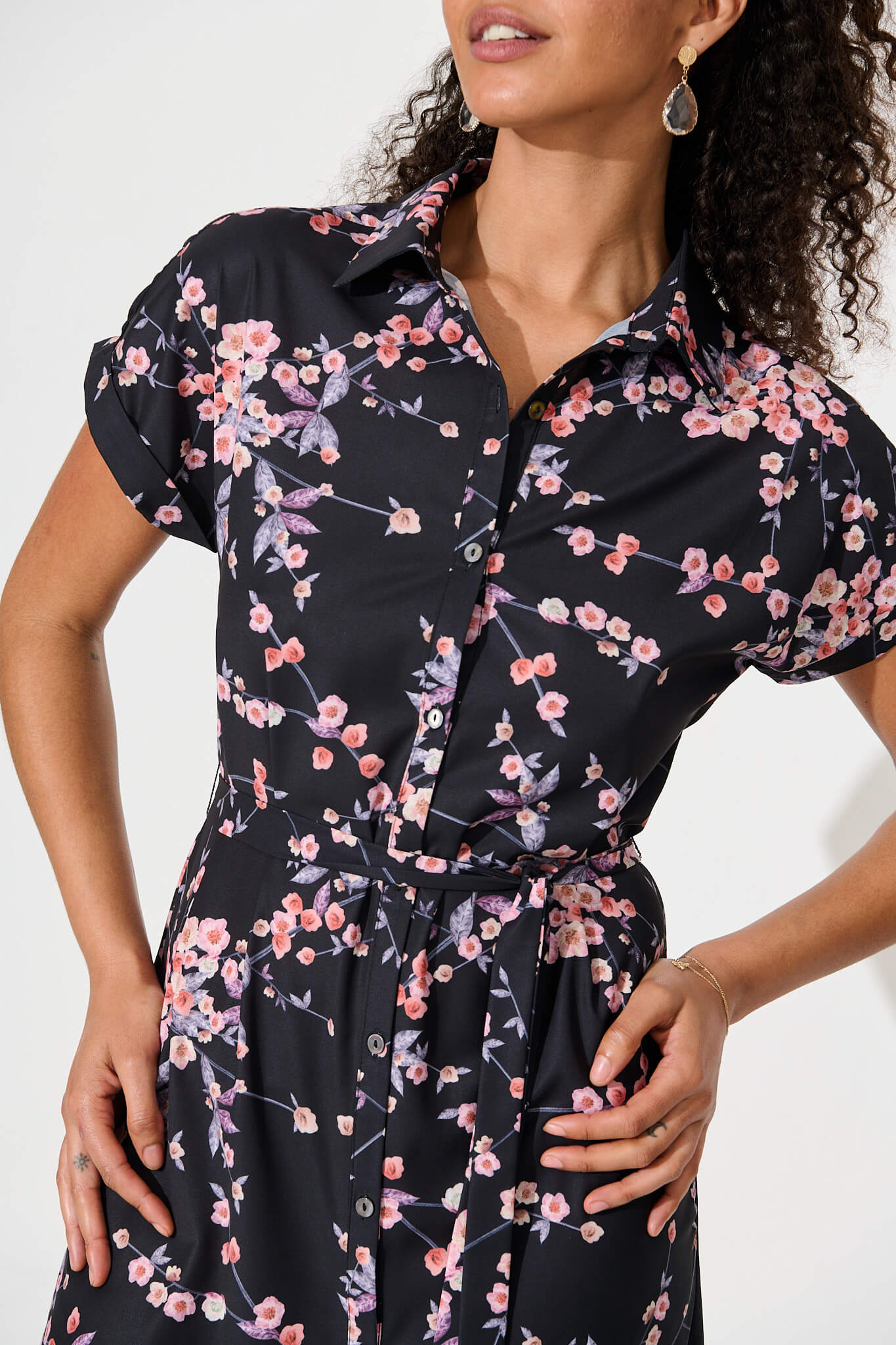 Maddison Shirt Dress In Black With Cherry Blossom – St Frock