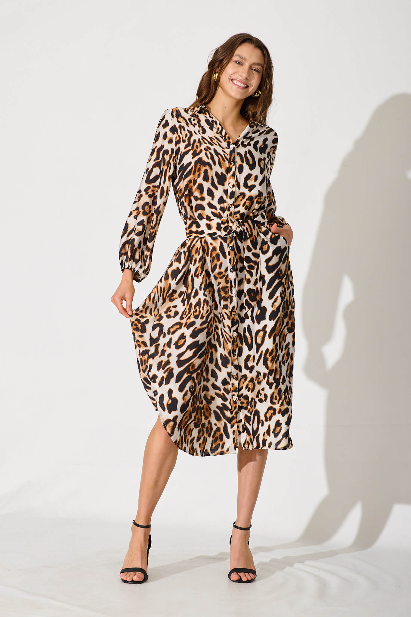 Naya Midi Shirt Dress In White With Brown Leopard Print St Frock