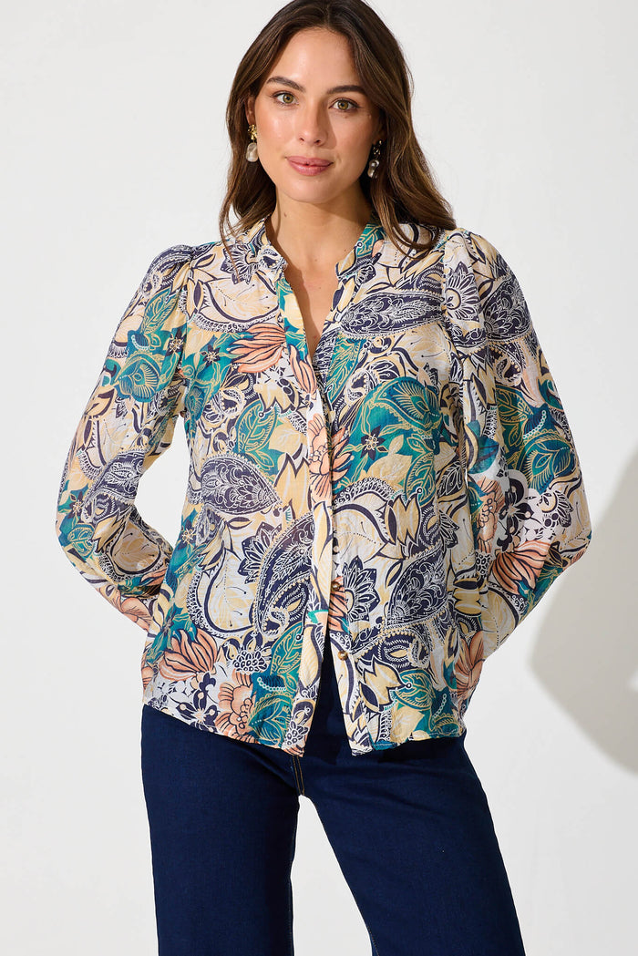 Gianna Shirt In Multi Leaf Cotton Blend - front