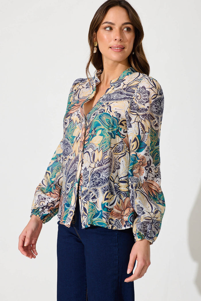 Gianna Shirt In Multi Leaf Cotton Blend - side