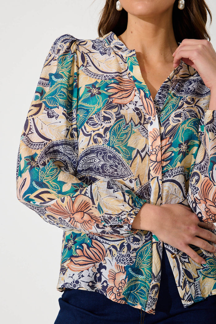 Gianna Shirt In Multi Leaf Cotton Blend - detail