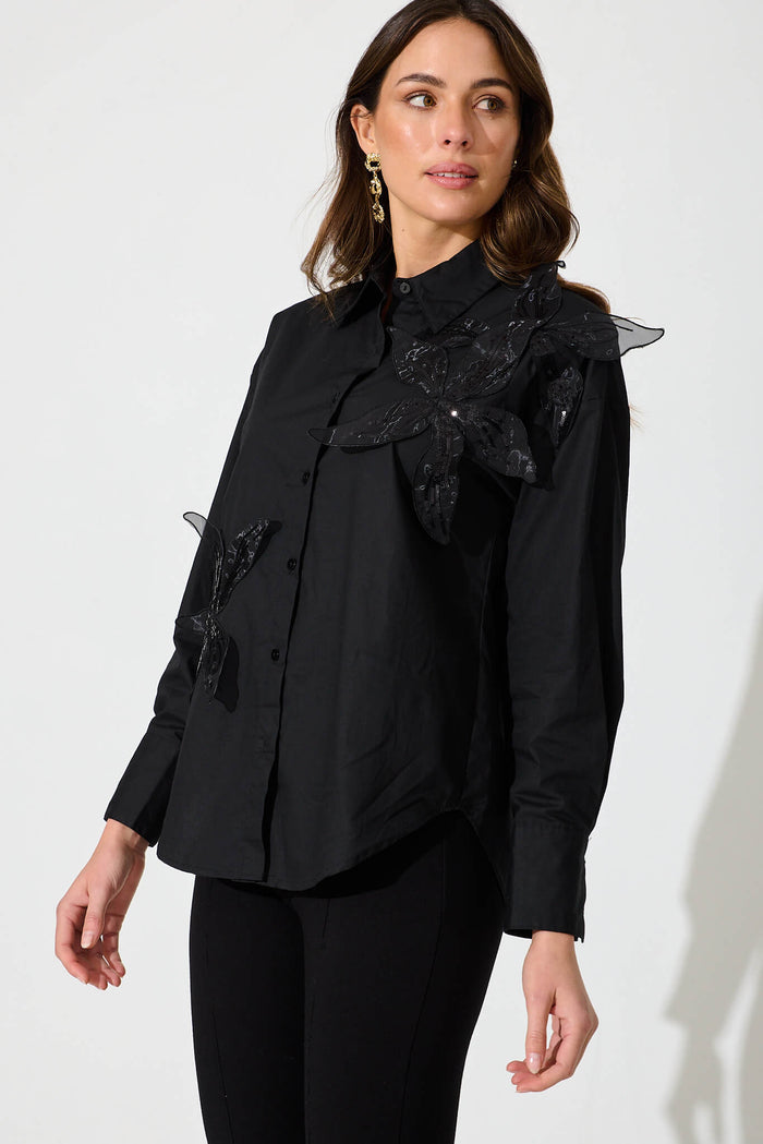 Ada Shirt In Black Cotton With Sequin Flower Detail - side