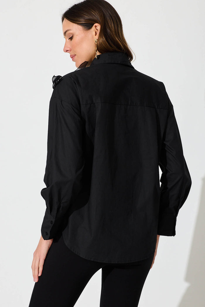 Ada Shirt In Black Cotton With Sequin Flower Detail - back