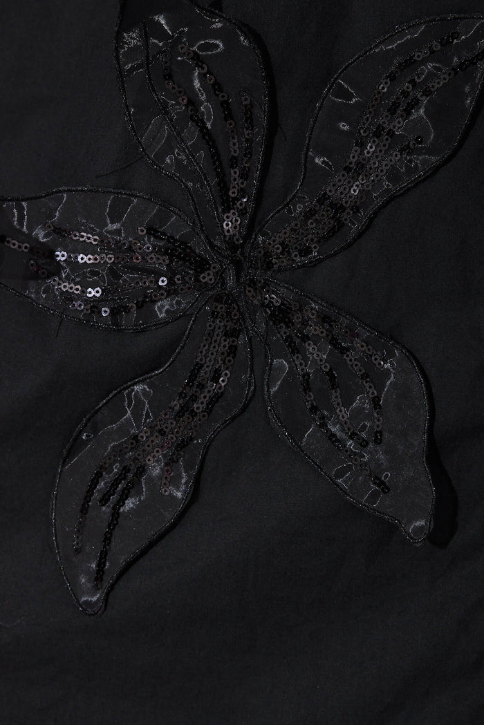 Ada Shirt In Black Cotton With Sequin Flower Detail - fabric
