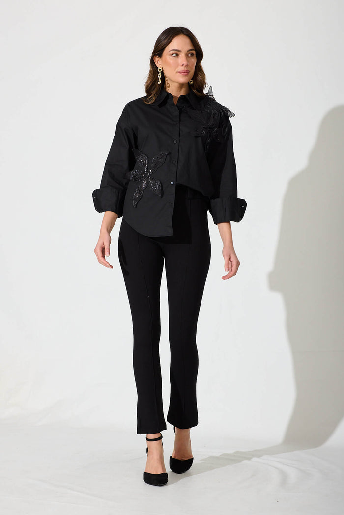 Ada Shirt In Black Cotton With Sequin Flower Detail - full length