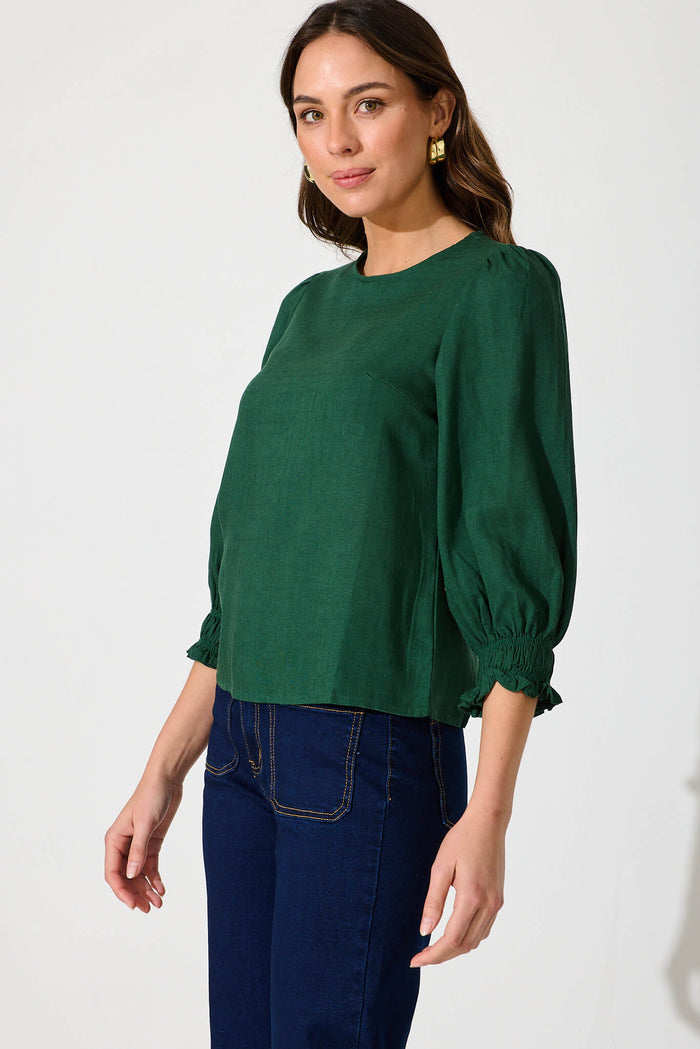 Lanie Top In Emerald Cotton Linen - side