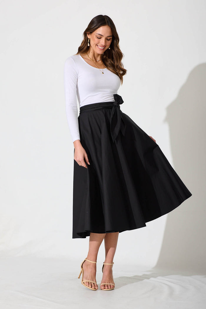Ivy Midi Skirt In Black Cotton - full length