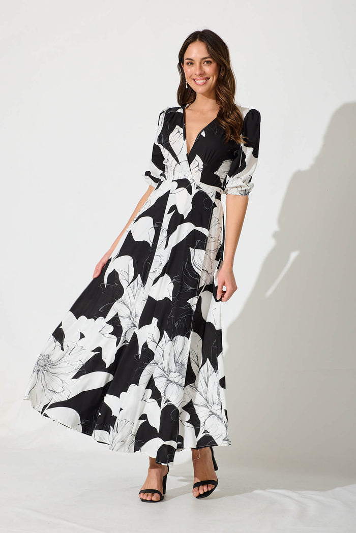 Ronda Maxi Wrap Dress In Black With White Floral St Frock Ronda Maxi Wrap Dress In Black With White Floral St Frock