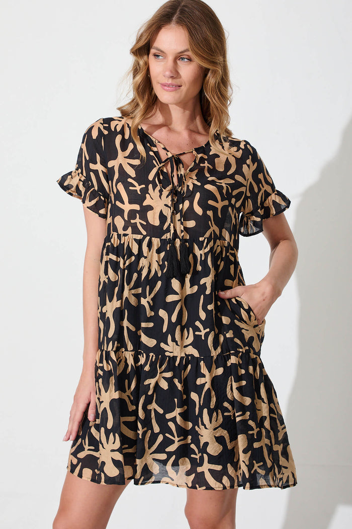 Simone Smock Dress In Black With Beige Cotton Blend - front