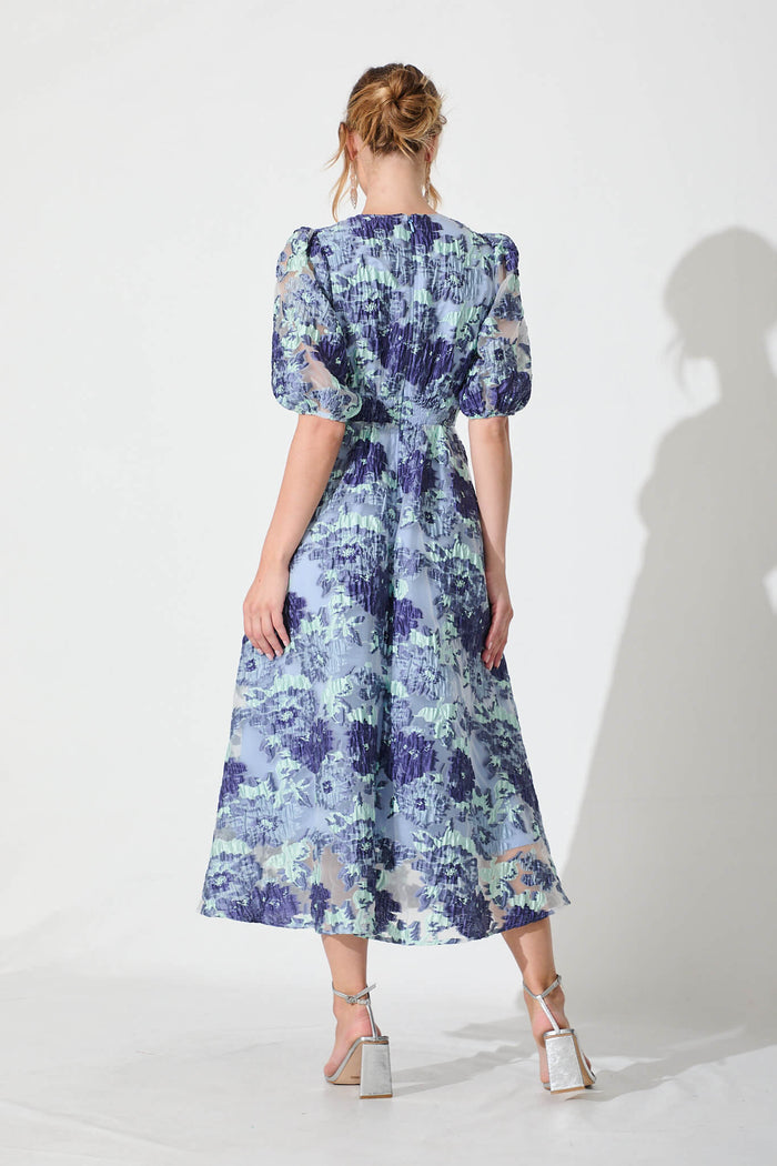 Opulence Midi Dress In Blue Floral Organza Jacquard St Frock Opulence Midi Dress In Blue Floral Organza Jacquard St Frock