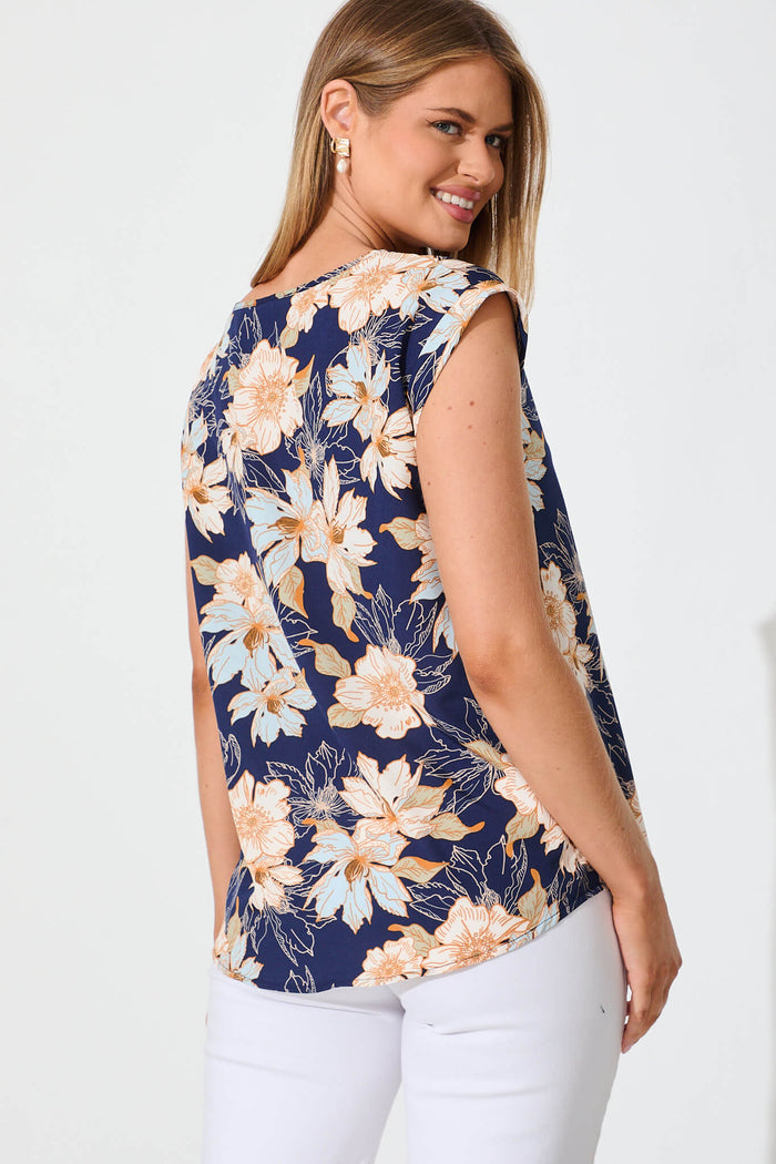 Rejina Top In Navy With Cream Multi Floral - back