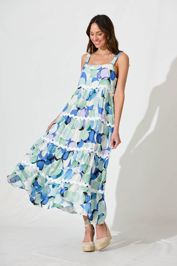Sahara Maxi Sundress In Blue Print With White Ric Rac Trim – St Frock