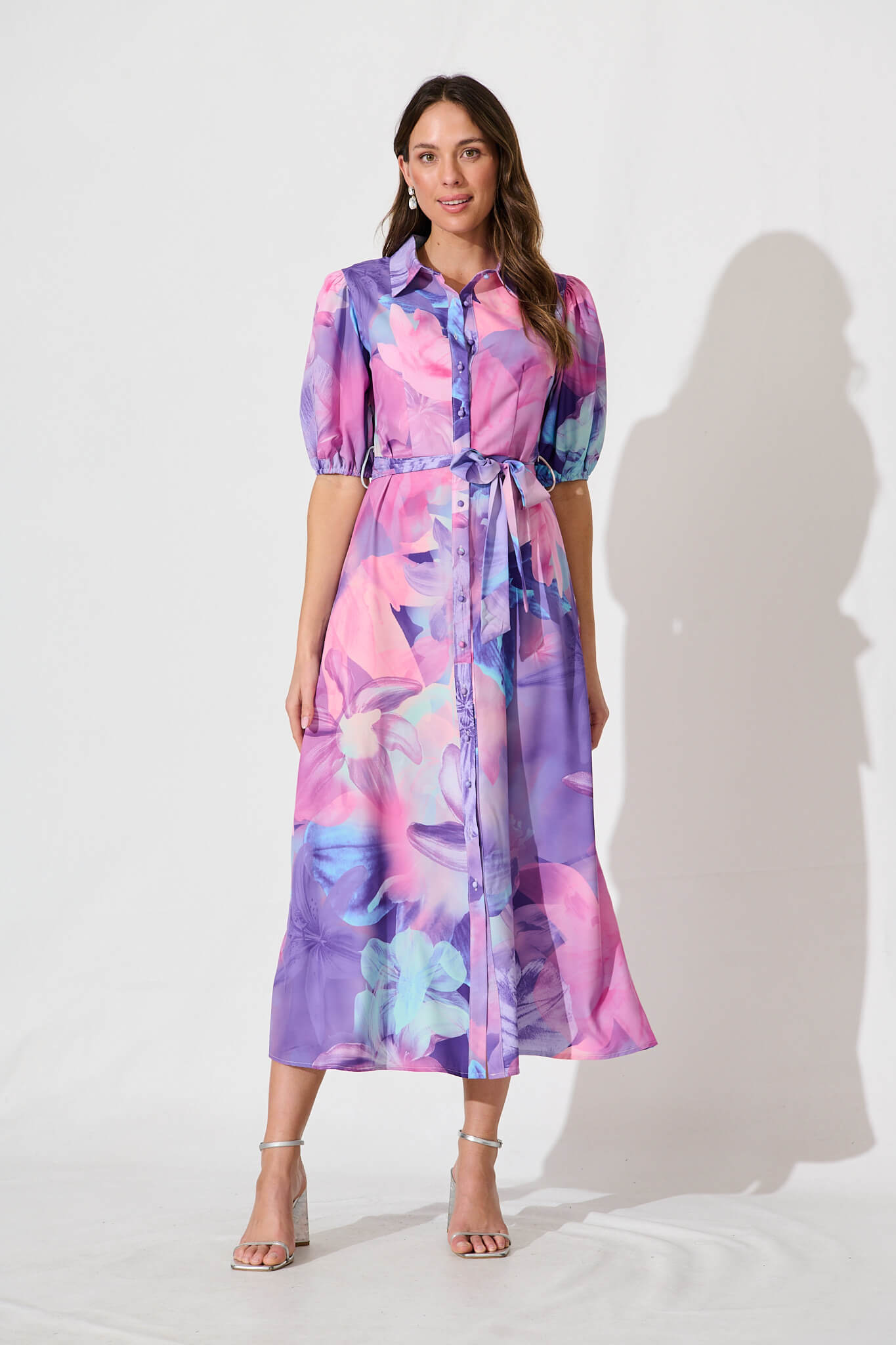 Gabriela Maxi Shirt Dress In Pink With Purple Floral St Frock Gabriela Maxi Shirt Dress In Pink With Purple Floral St Frock
