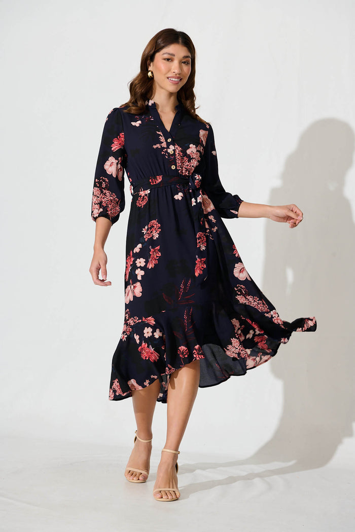 Jemimah Midi Dress In Navy With Pink And Blush Floral – St Frock Jemimah Midi Dress In Navy With Pink And Blush Floral – St Frock