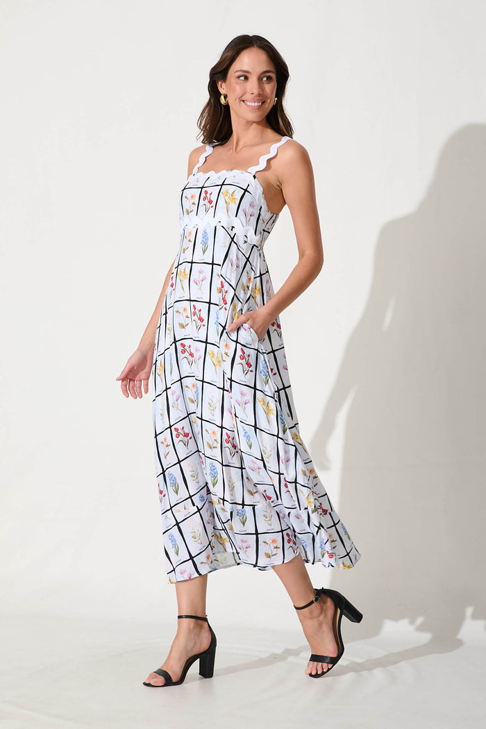 Aquila Maxi Sundress In Multi Print With White Ric Rac Trim - side