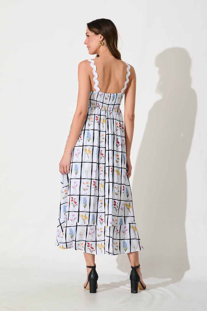 Aquila Maxi Sundress In Multi Print With White Ric Rac Trim - back