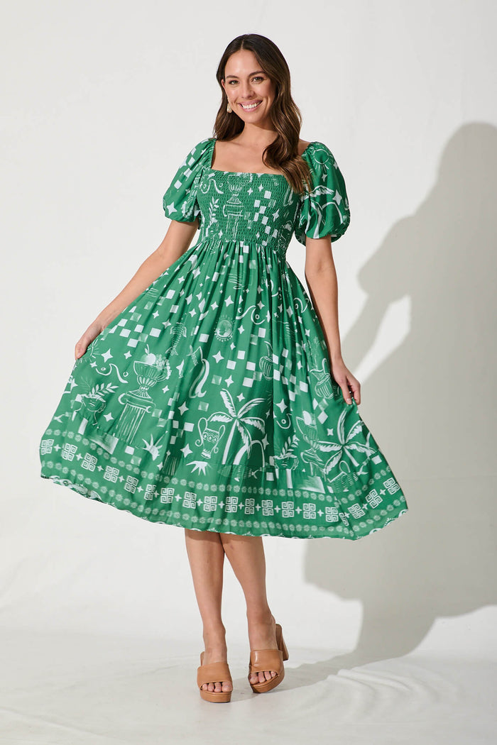 Mariam Midi Dress In Green With White Print St Frock Mariam Midi Dress In Green With White Print St Frock
