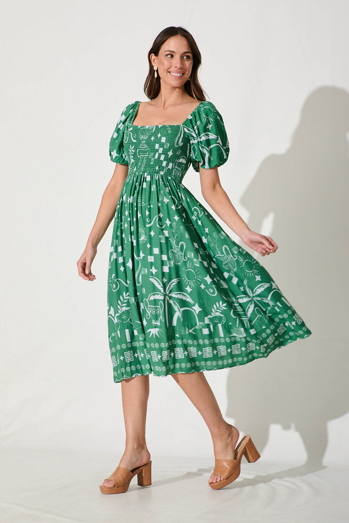 Mariam Midi Dress In Green With White Print St Frock Mariam Midi Dress In Green With White Print St Frock