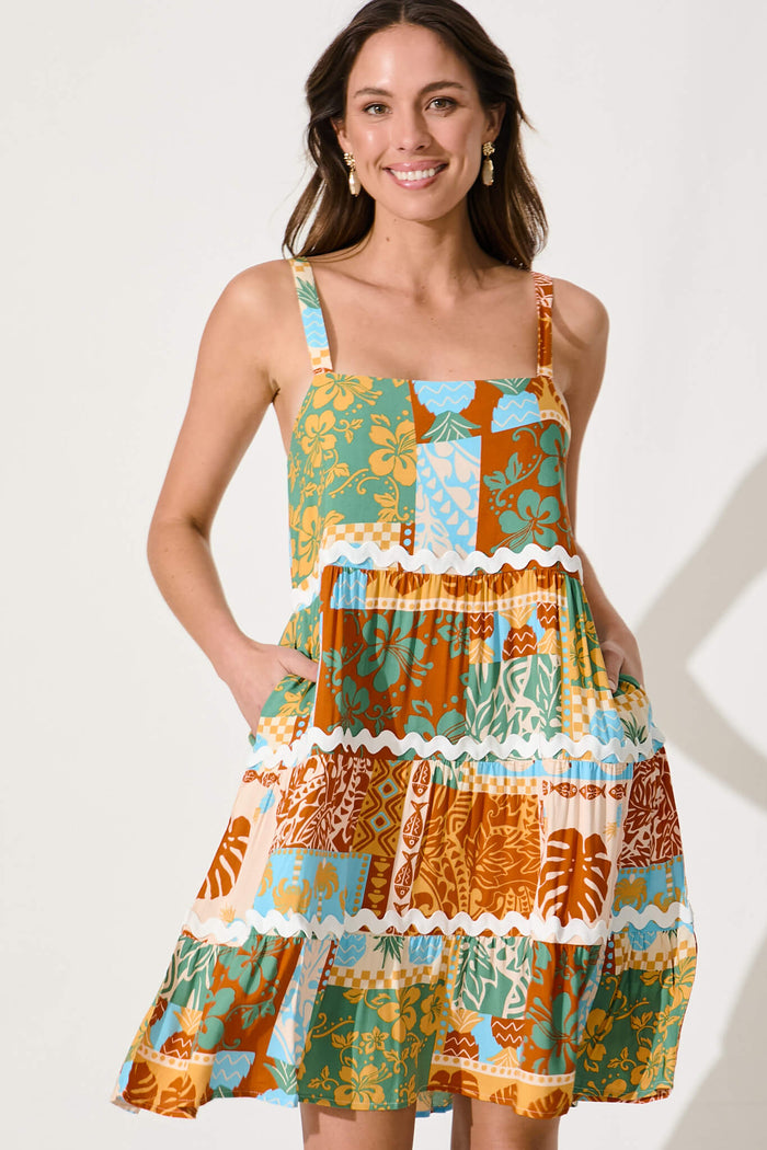First Love Sundress In Multi Orange Print With Ric Rac Trim - front