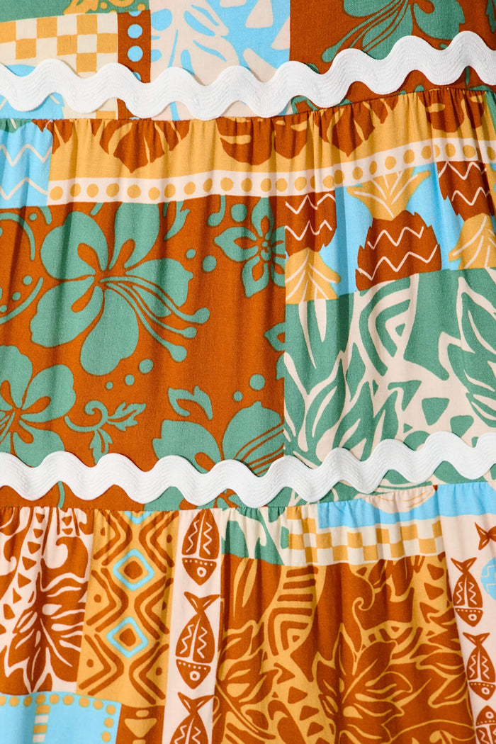 First Love Sundress In Multi Orange Print With Ric Rac Trim - fabric