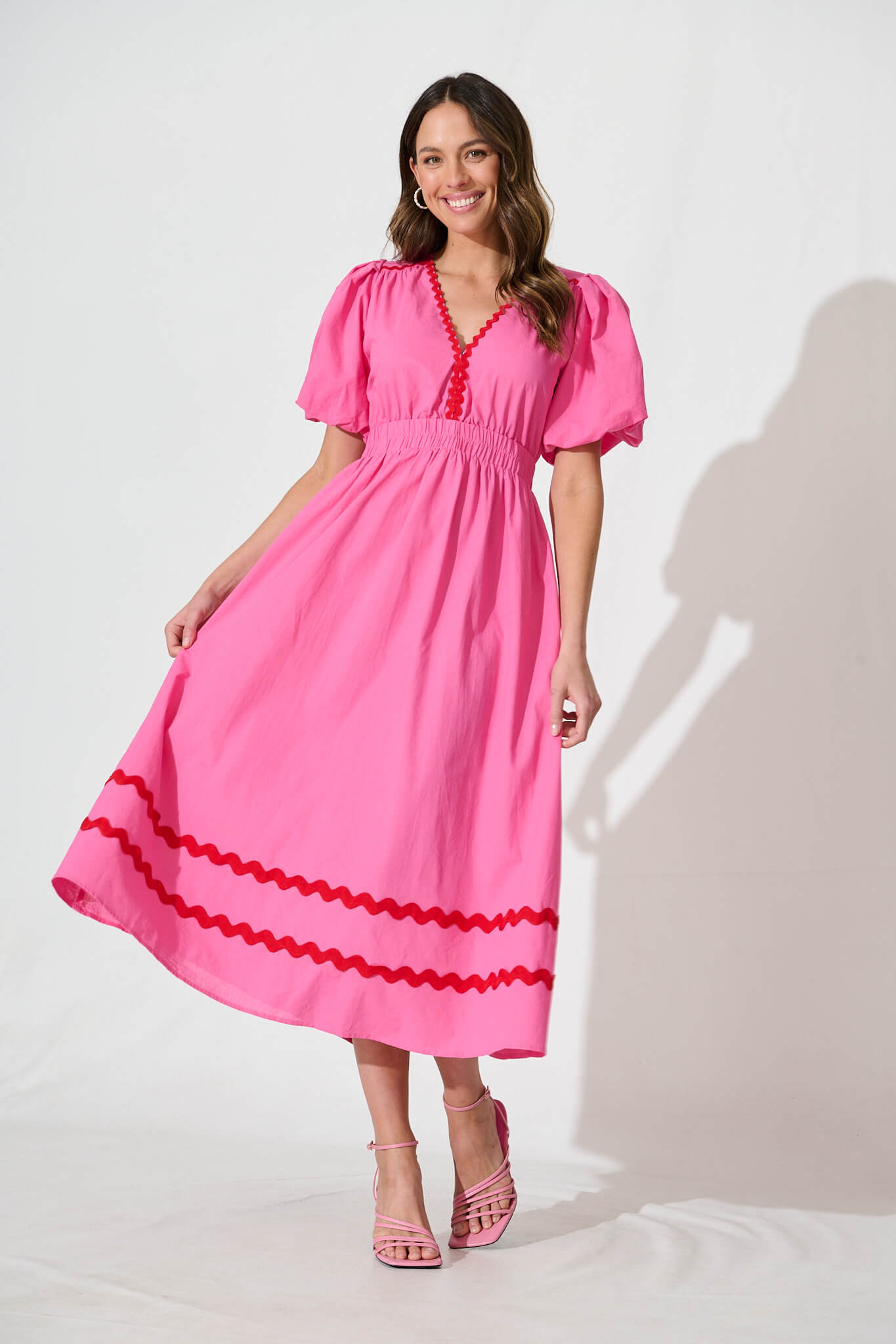 Indi Maxi Dress In Pink With Red Ric Rac Trim Cotton St Frock Indi Maxi Dress In Pink With Red Ric Rac Trim Cotton St Frock